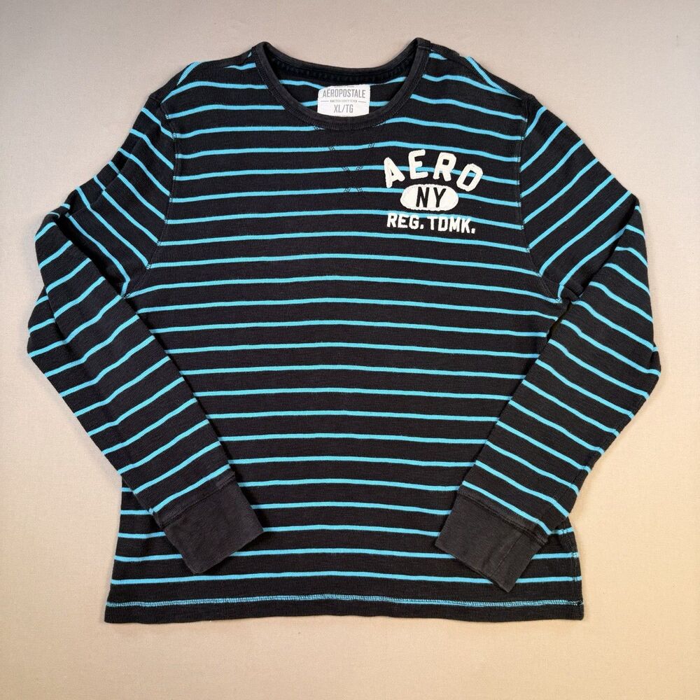 AEROPOSTALE Shirt Mens XL Black Teal Striped Henley Long Sleeve AERO NY Y2K ‘12